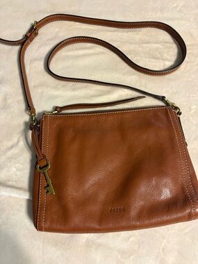 Fossil Tan Leather Crossbody with Key Charm